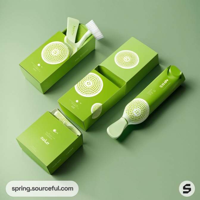 Green packaging for toothbrush with spiral design and solar branding.