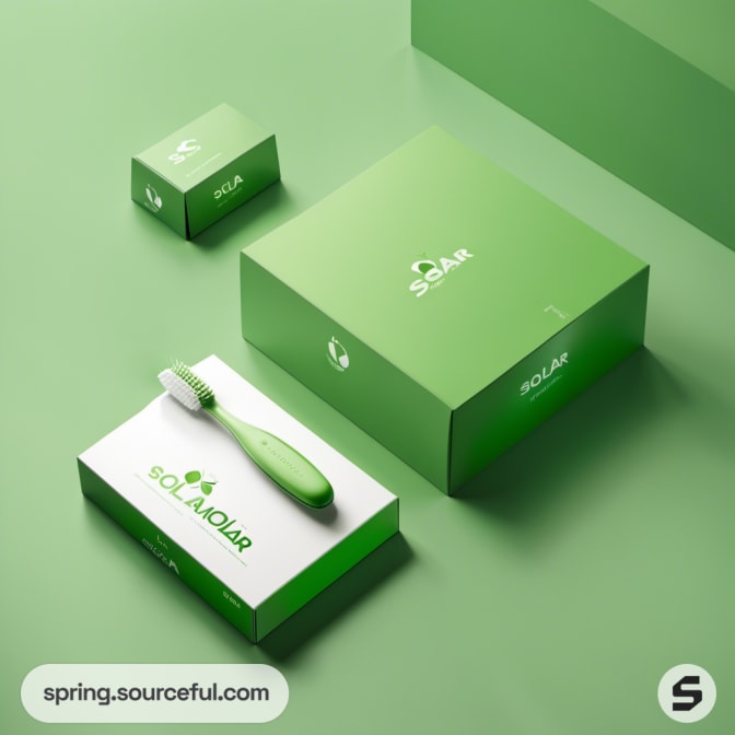 Various green boxes for toothbrush with a single exposed product.