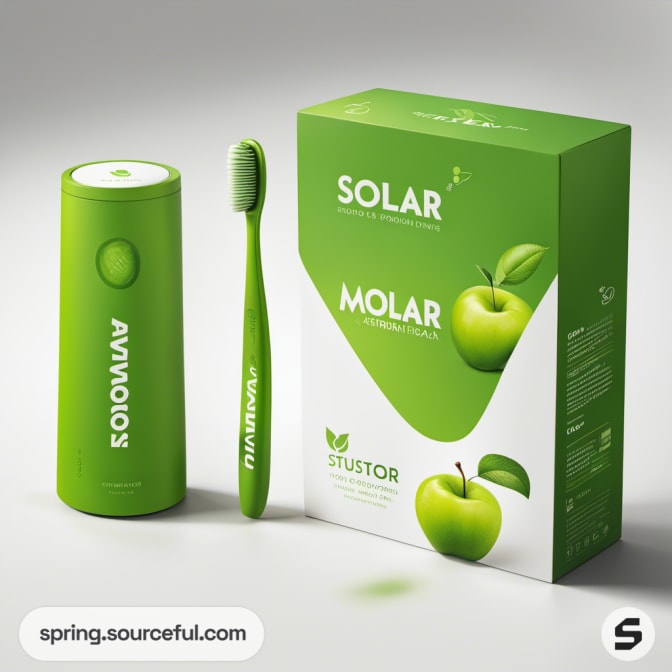 Toothbrush and cylindrical container with apple graphic and solar branding.