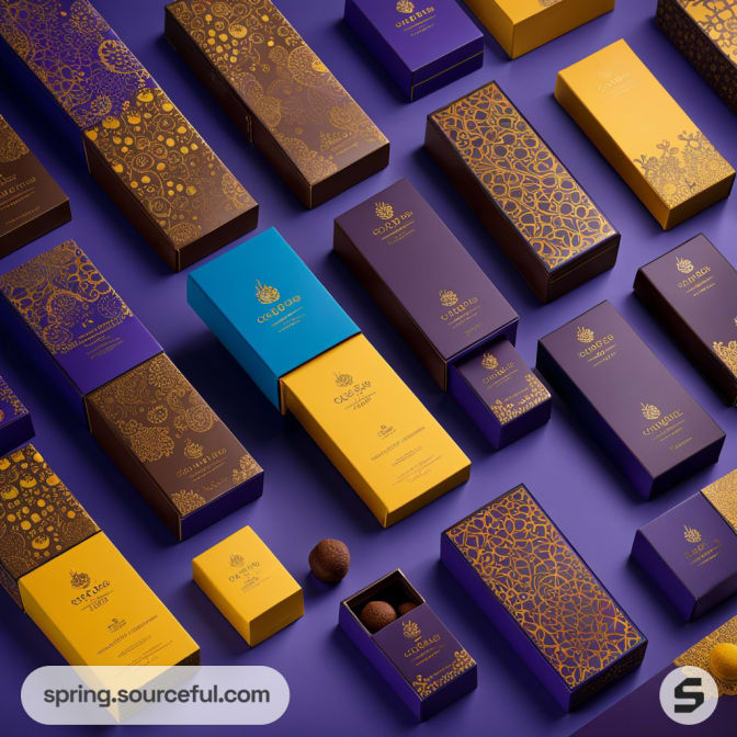 Assorted luxury chocolate packaging in blue and gold