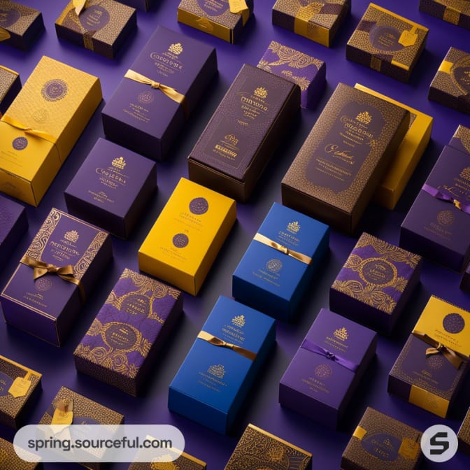 Elegant chocolate gift boxes in purple and gold