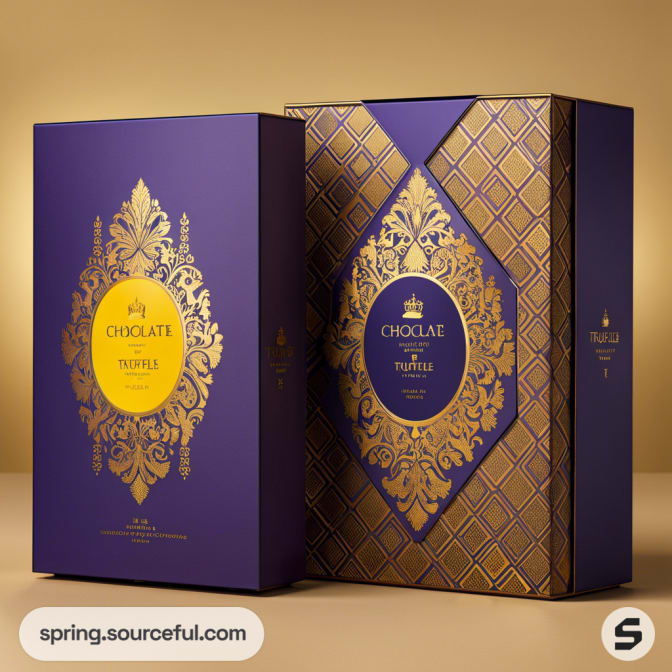 Blue and gold ornate chocolate packaging