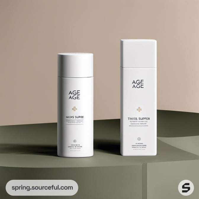 Two minimalist skincare bottles on geometric surface.