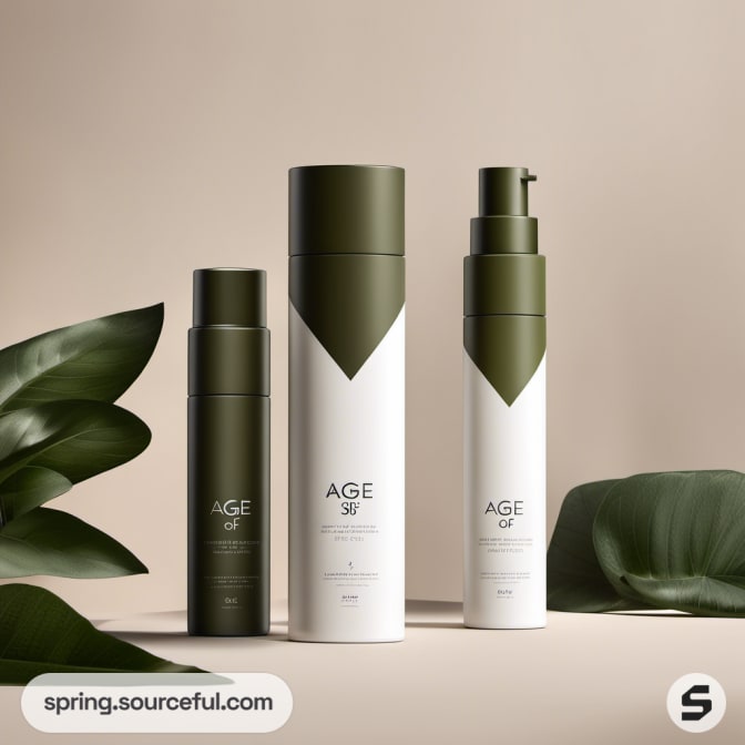 Three skincare bottles in green and white with leaves.