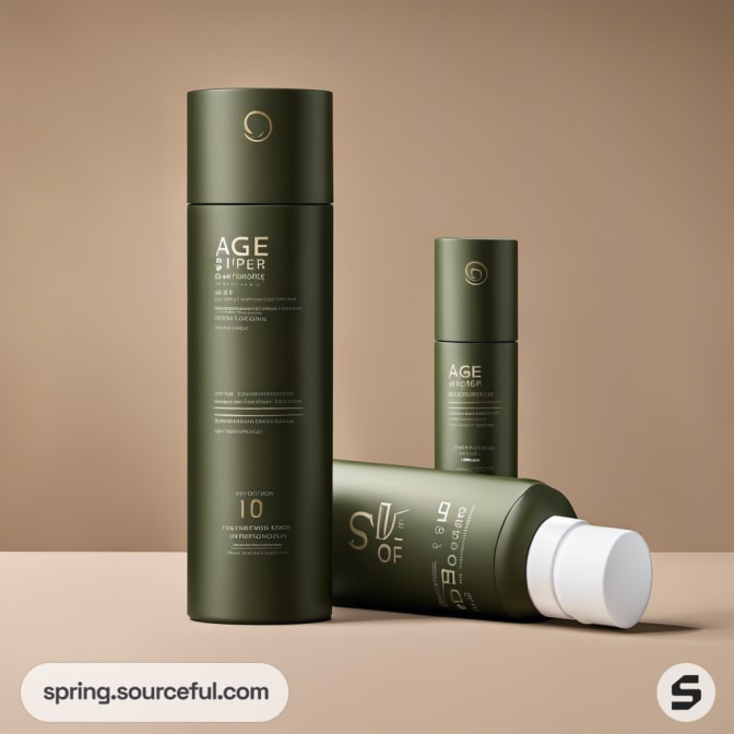 Dark green skincare bottles against neutral background.