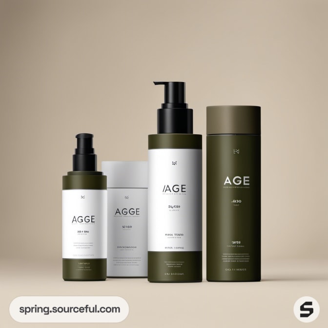 Set of skincare products in green and white bottles.