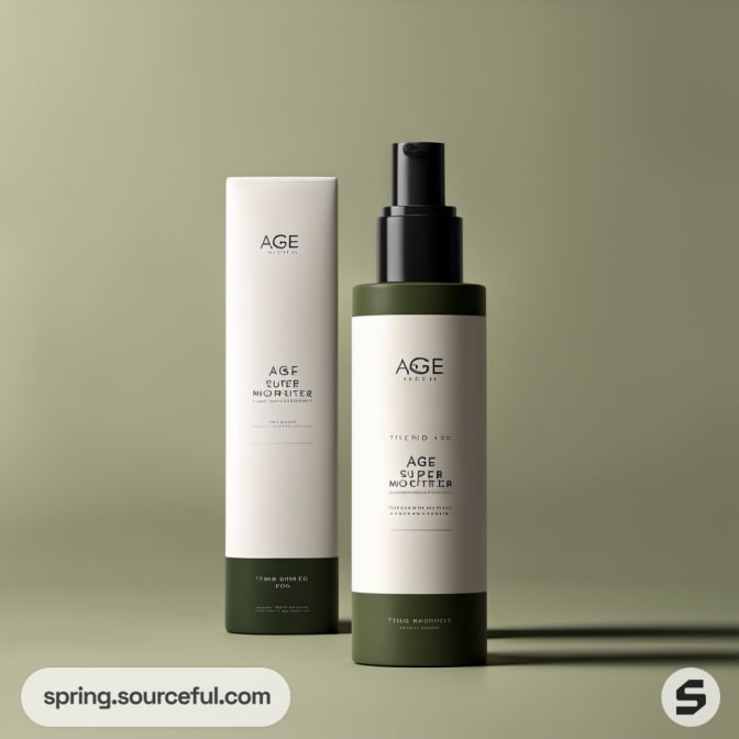 Two skincare bottles with green accents on olive background.
