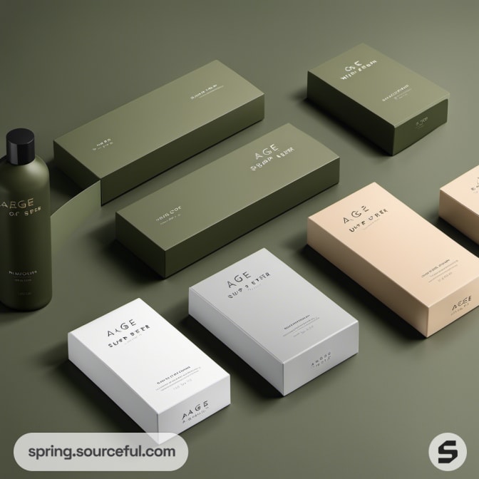 Skincare packaging boxes in various shades on olive background.