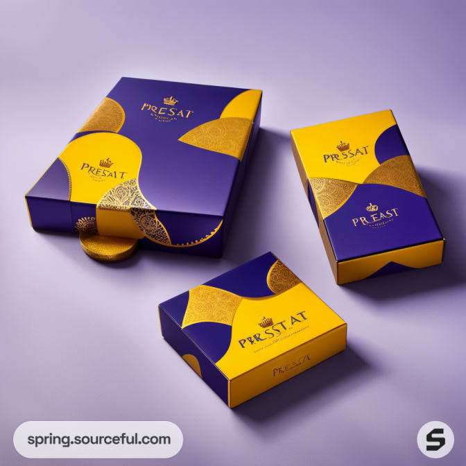 Purple and yellow luxury packaging with gold accents, including a gift bag, rectangular box, and square box.