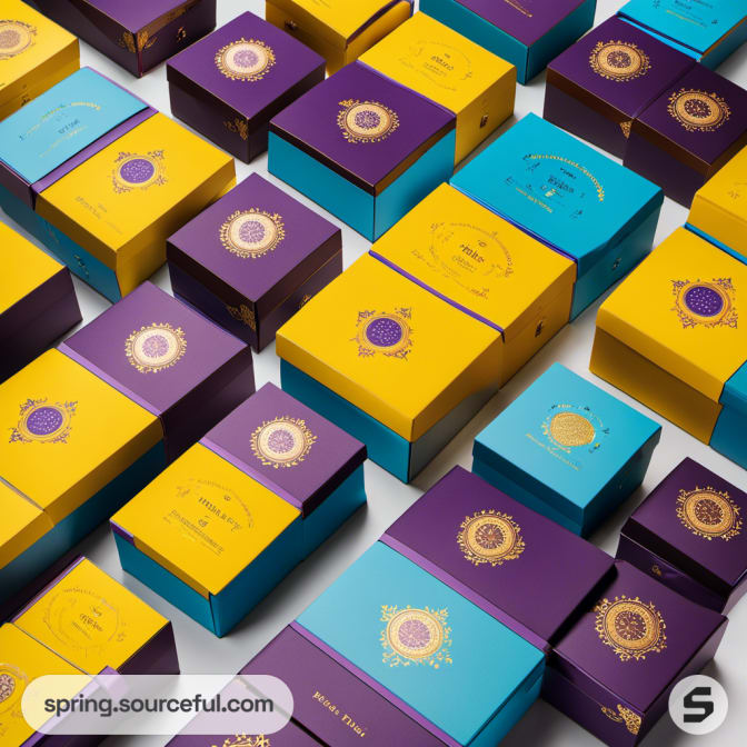 Colorful mailer boxes with intricate designs in yellow, purple, and blue, arranged in a grid pattern.