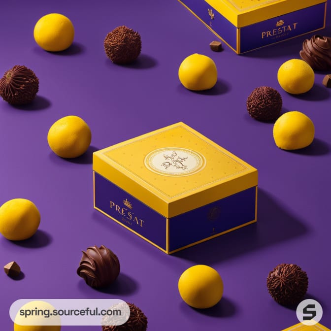 Yellow and purple chocolate box on a purple background with assorted chocolates and truffles.