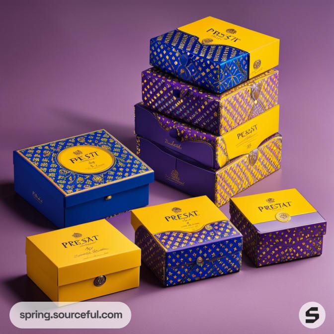 Colorful stacking boxes in purple and gold with intricate patterns on a purple background.
