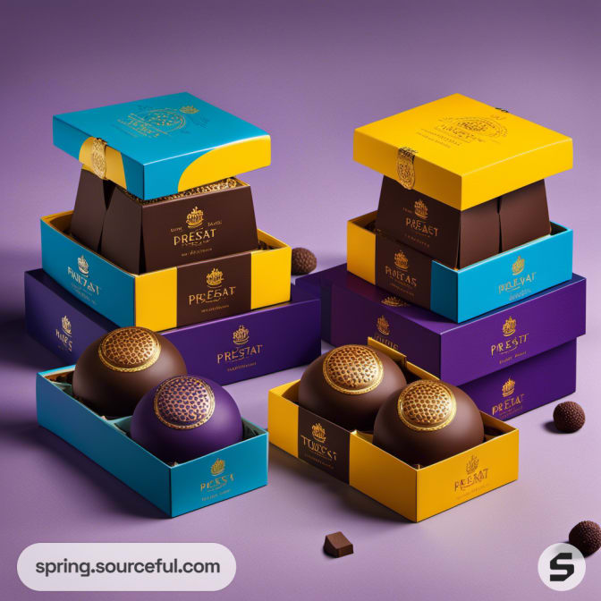 Stacked chocolate boxes with geometric designs and open lids, showing dome-shaped chocolates with gold detailing.