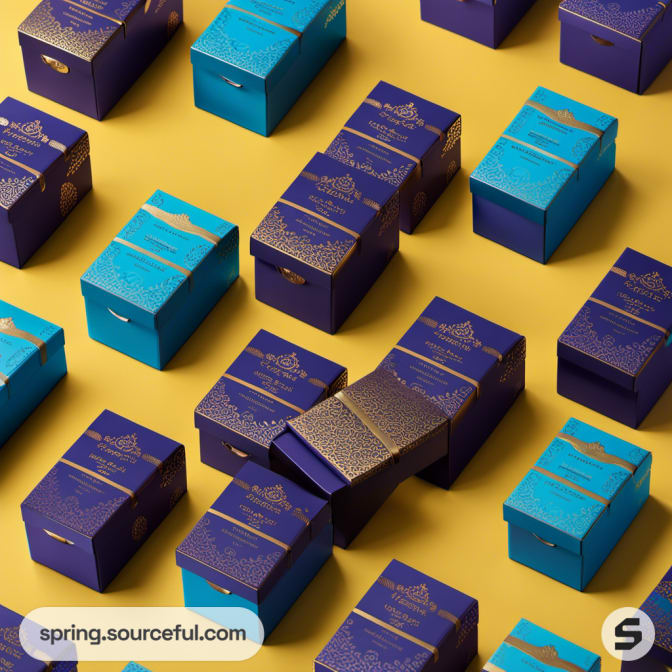 Colorful mailer boxes with gold accents arranged on a yellow background.