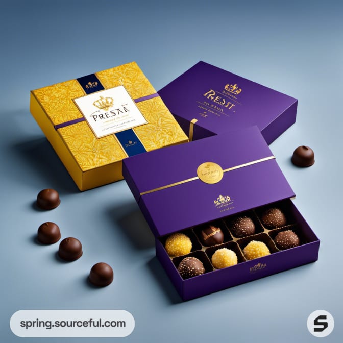 Assorted chocolate boxes in purple and yellow packaging with truffles on a blue surface.