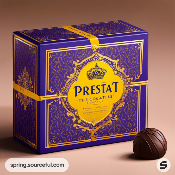 Purple and gold decorative box with a chocolate truffle on a brown surface.