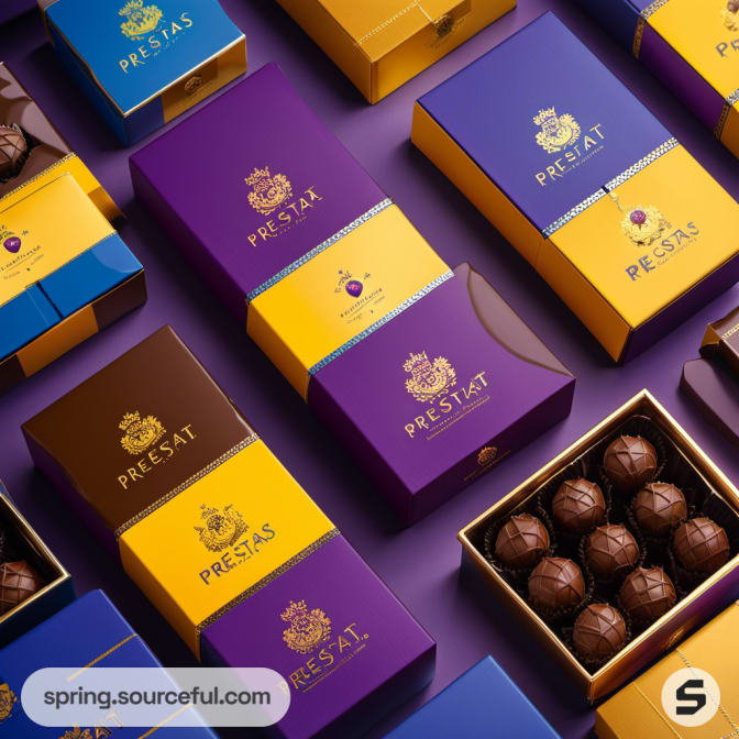 Colorful chocolate boxes with purple, yellow, and blue designs on a purple background.