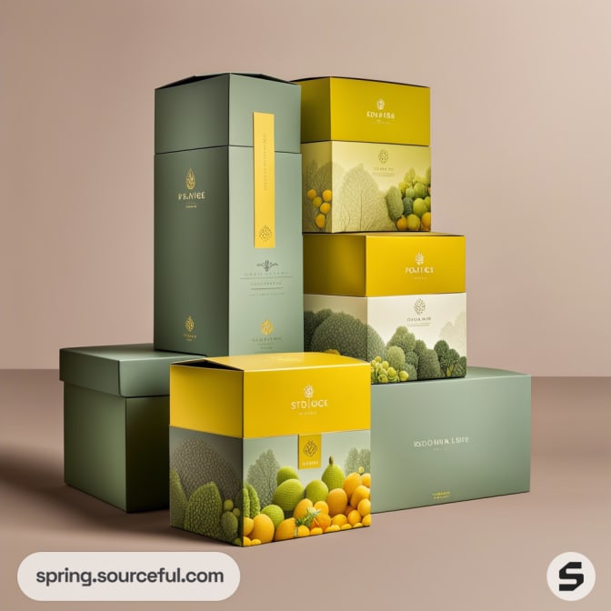 Stack of green and yellow luxury gift boxes with fruit designs on a soft pink background.