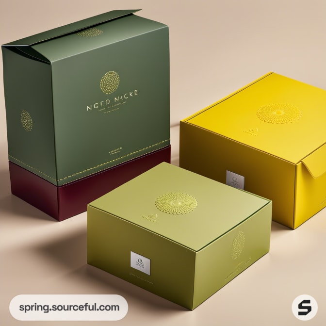 Two elegant boxes, one olive green and one mustard yellow, featuring intricate gold designs on top, placed on a beige surface.