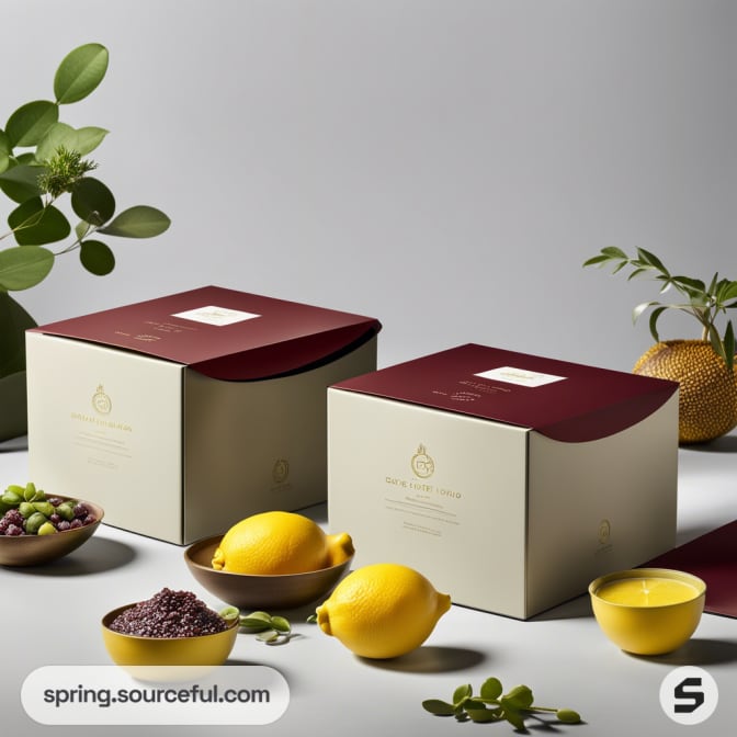 Two elegant boxes with maroon tops on a table with lemons, green leaves, and small bowls of fruit.