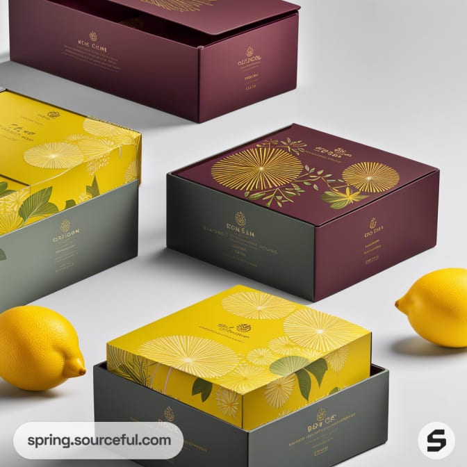 Colorful gift boxes with floral designs and lemons on a white background.