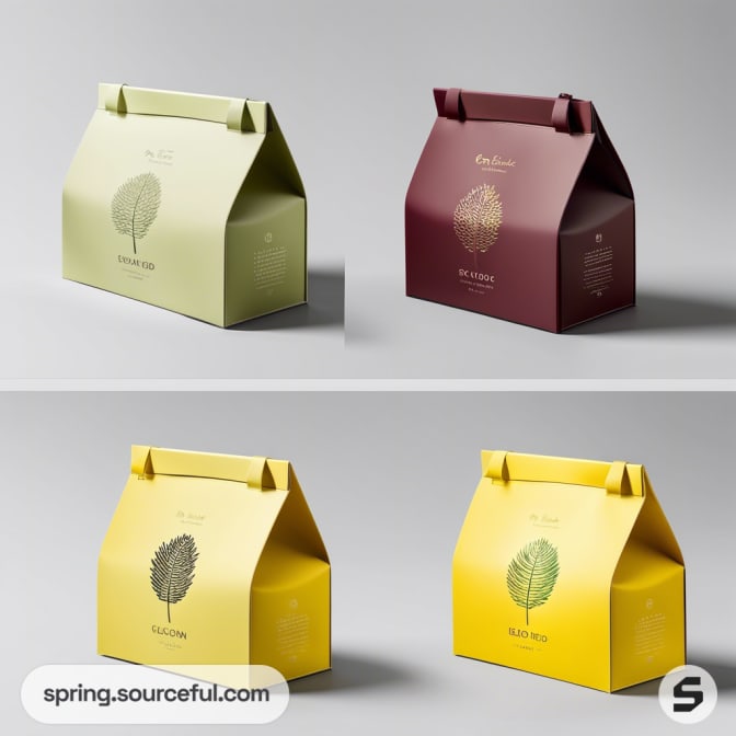 Four box packages with plant designs: light green, dark red, olive green, and yellow, each with a handle.