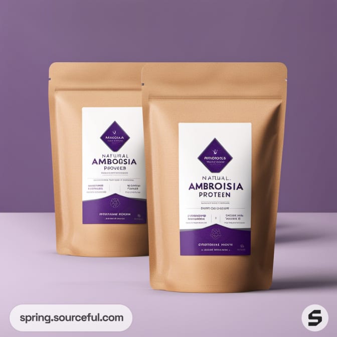 Two brown resealable pouches of protein powder with purple labels on a purple background.