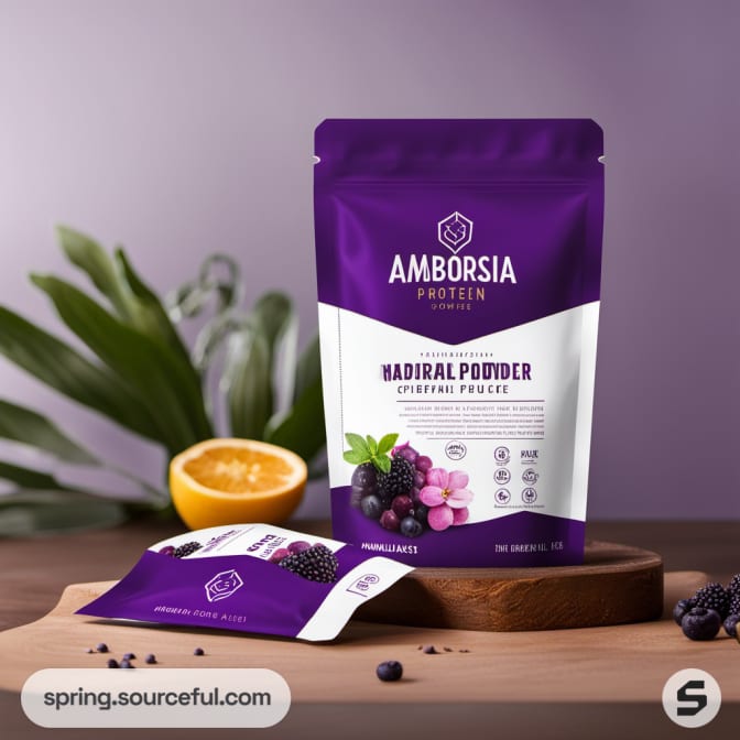 Purple resealable pouch of protein with fruit and leaf props on a wooden surface.