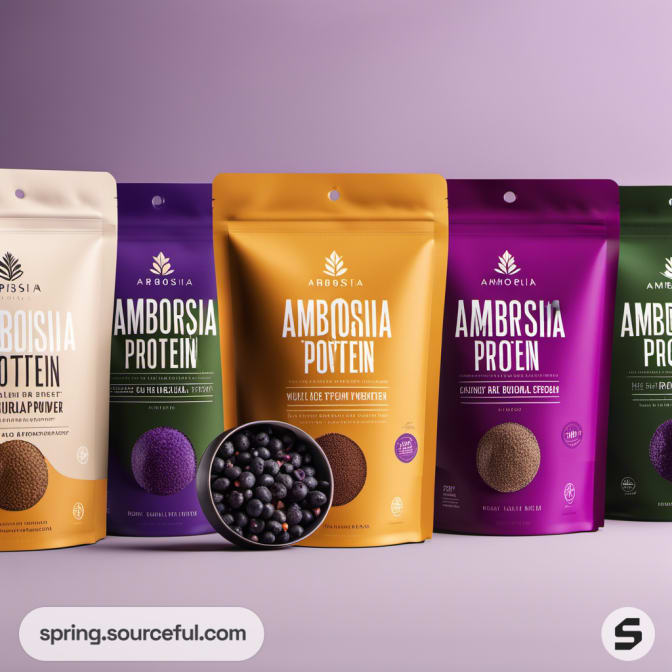 Five colored resealable pouches of protein powder with different flavors on a purple background.