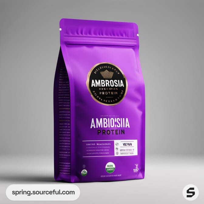 Purple resealable pouch of protein powder on a gray background.