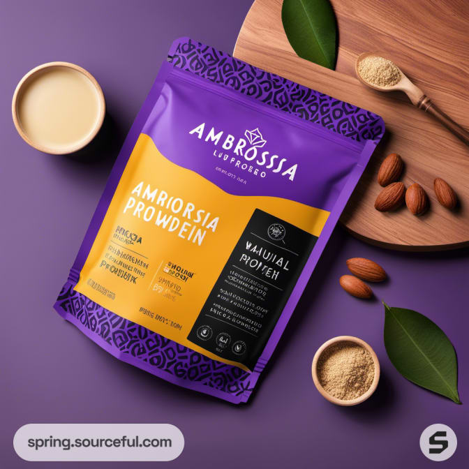 Purple resealable pouch of protein powder with almonds and leaves on a table.