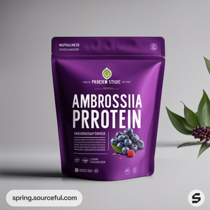 Purple resealable pouch of protein powder with berries on a gray background.
