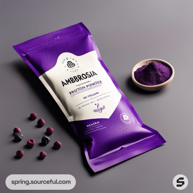 Purple resealable pouch of protein powder with small berries on a gray surface.