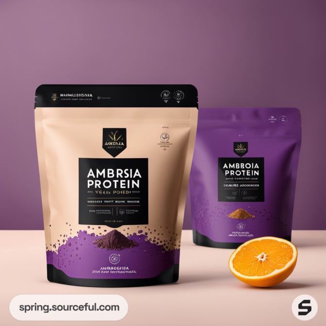Two protein pouches, one beige and one purple, with an orange half on a table.
