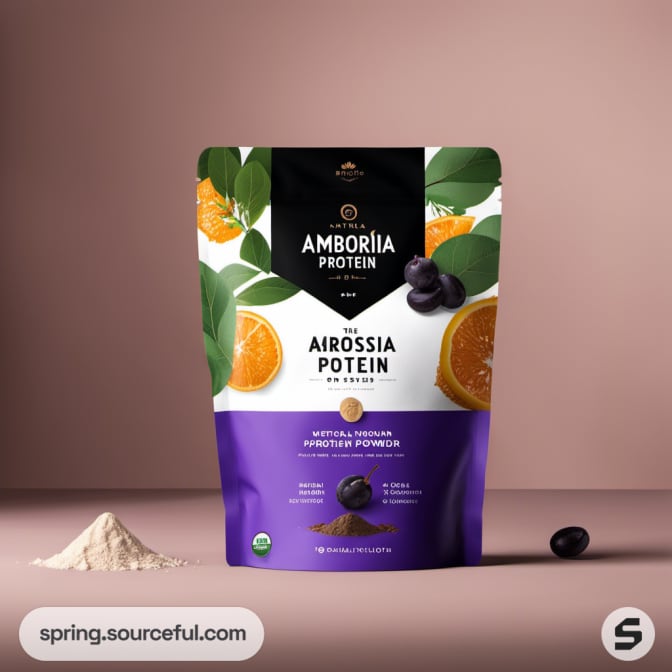 Colorful resealable pouch of protein powder with fruit and leaves on a beige surface.