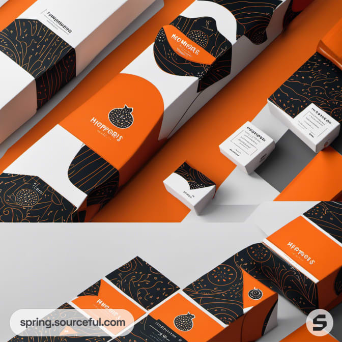 Orange and black themed packaging with abstract patterns on various boxes.