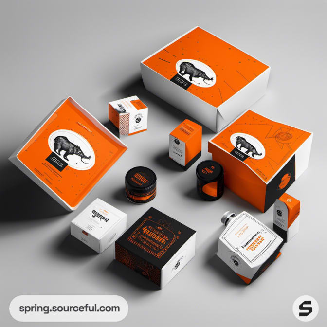 Hippo-themed packaging with a combination of black and orange boxes and jars.