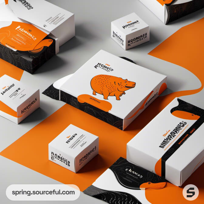 White and orange packaging with cartoon hippo and curved designs.