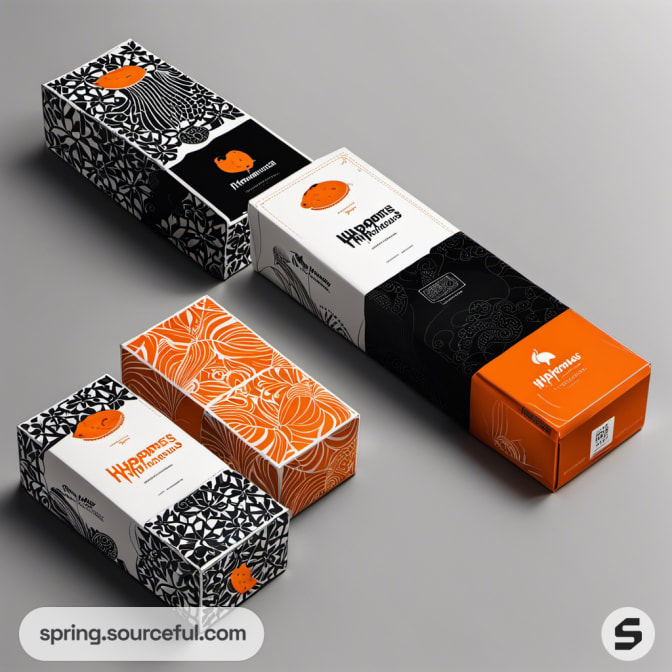 Black and white packaging with orange hippo illustration and geometric patterns.