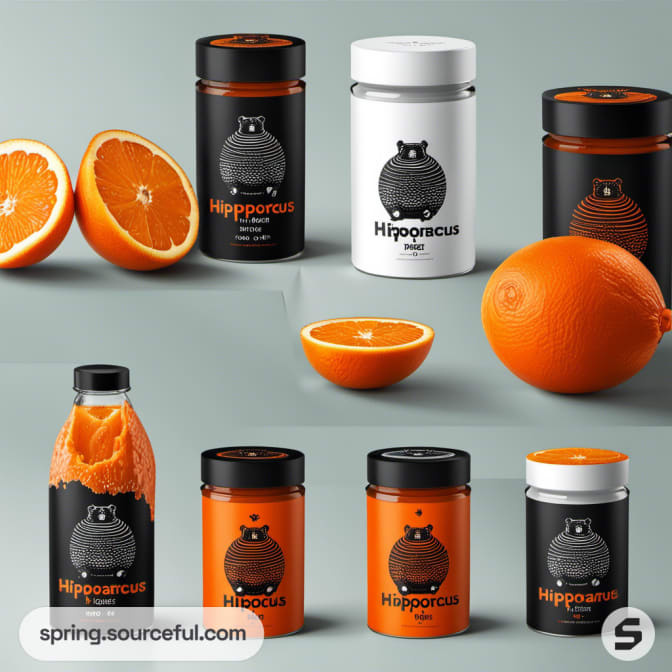 Assorted orange and black juice bottles and containers with hippo design.