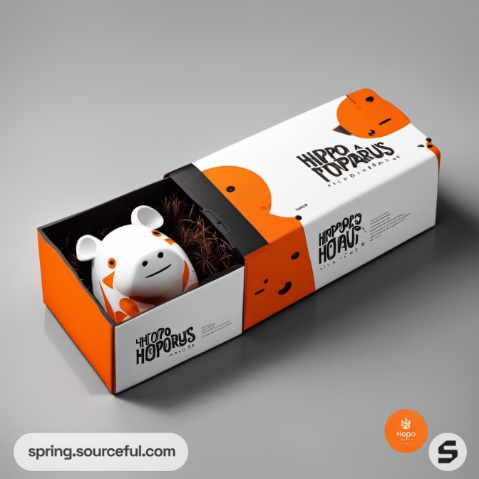 Box with a cartoon hippo in orange and white, includes a toy inside.