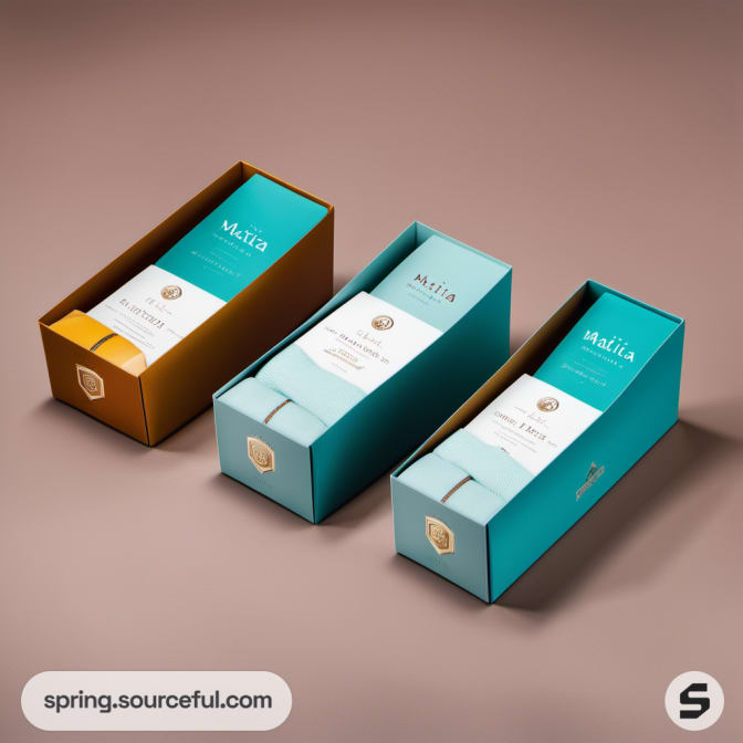 Three rectangular packaging boxes in blue and mustard color scheme.