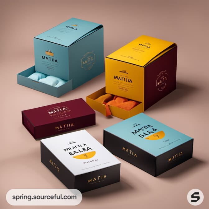 Assorted rectangular boxes in teal, maroon, yellow, and black.