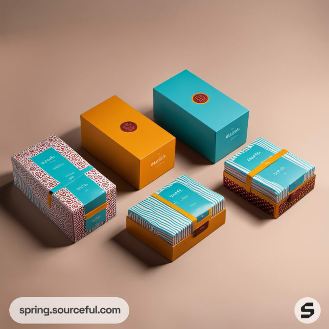 Three rectangular boxes with teal, orange, and patterned designs.