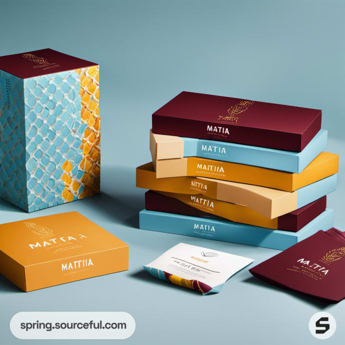 Stacked boxes in maroon, blue, and yellow with geometric patterns.