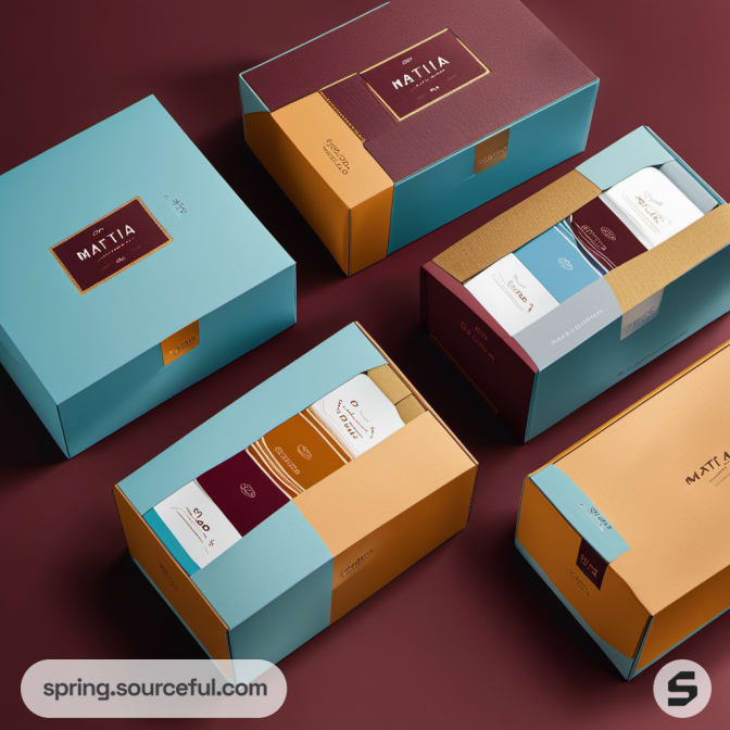 Rectangular boxes in teal, maroon, and gold color combinations.