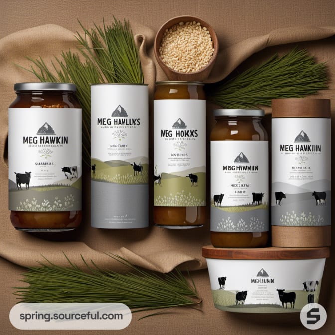 Assorted jars and bottles with farm-themed labels on a rustic background.