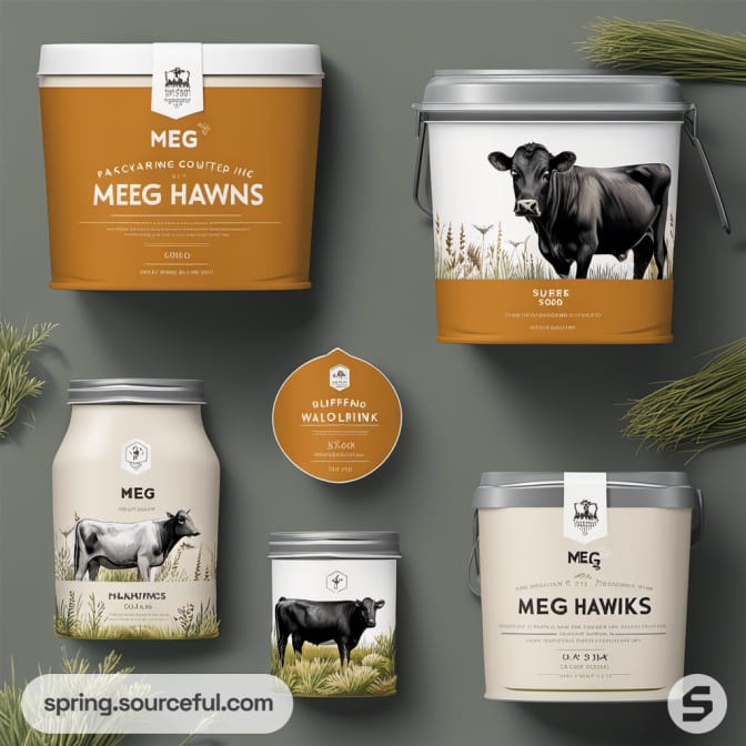 Assorted jars and containers with cattle images on farm-themed labels.