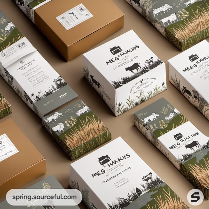 Farm-themed boxed packaging with cattle illustrations and natural tones.