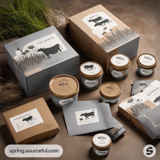 Farm-themed packaging with rustic tones and cattle illustrations.